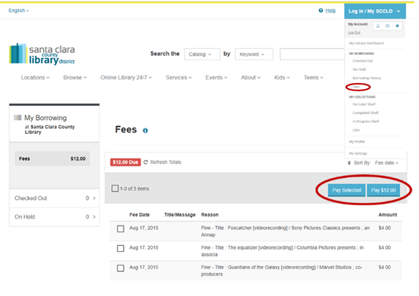 Screenshot of www.sccl.org pay fees / donate page