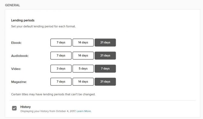 Overdrive Lending Periods. Set your default lending period for each format. Ebook: 7 days, 14 days, 21 days. Audiobook: 7 days, 14 days, 21 days. Video 3 days, 5 days, 7 days, Magazine 7 days, 14 days, 21 days