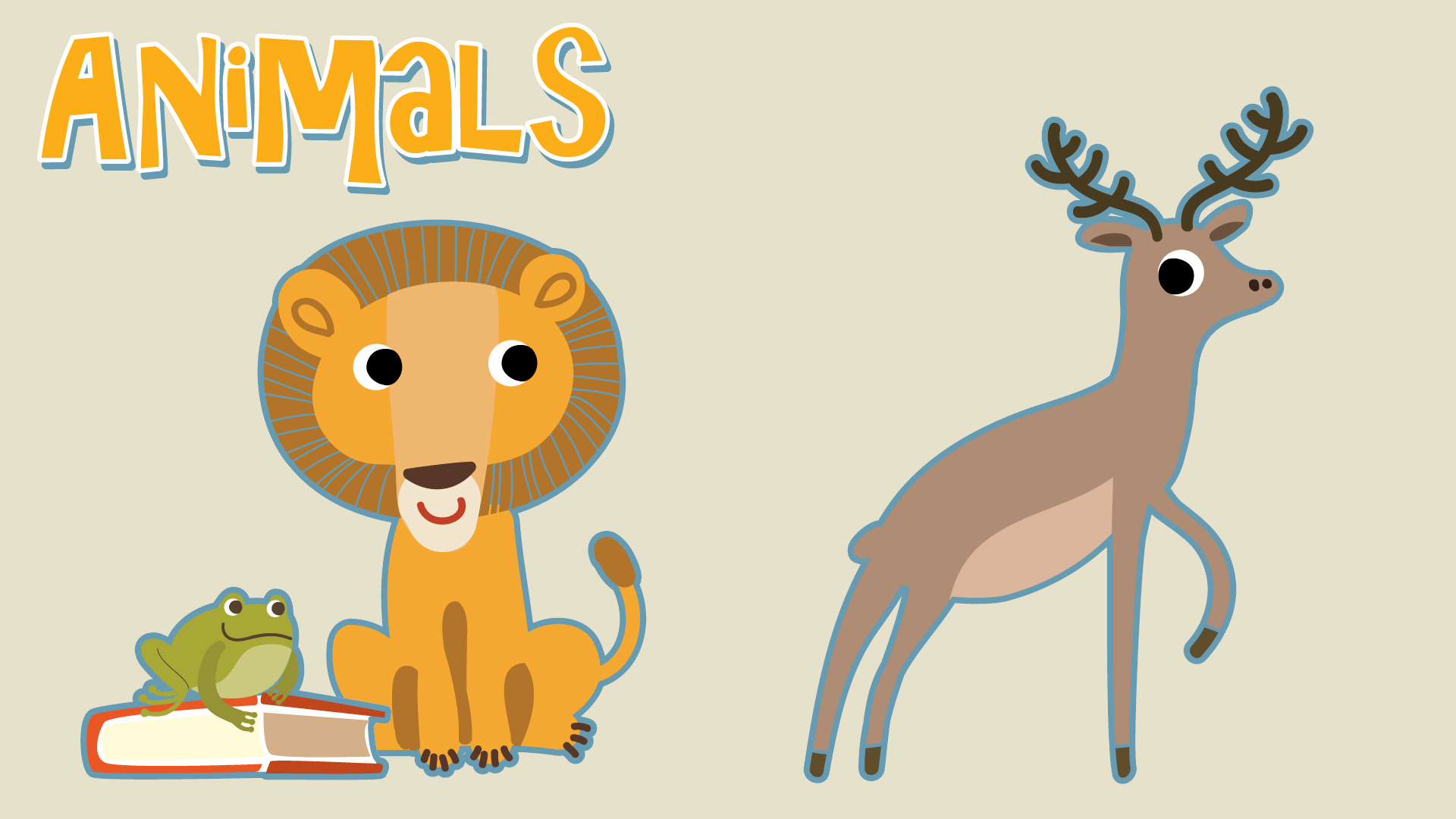 Animals with a small green frog sitting on a book, a lion and a deer