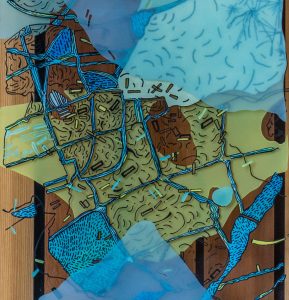 This glass panel in the Campbell Library's art installation uses lines, patterns, colors, and shapes layered on the glass to depict an overhead view of the Camden Ponds.